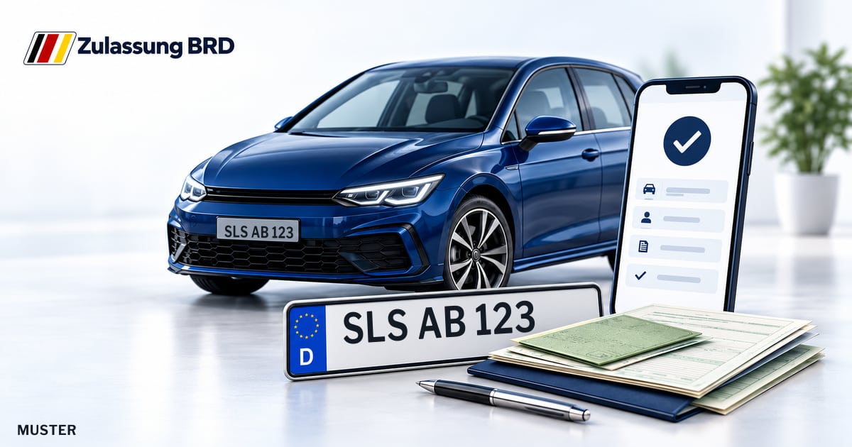 Online Fahrzeugzulassung in Wadgassen: Musterkennzeichen SLS AB 123, Auto und Fahrzeugpapiere und Smartphone. Illustration mit Logo von Zulassung BRD.